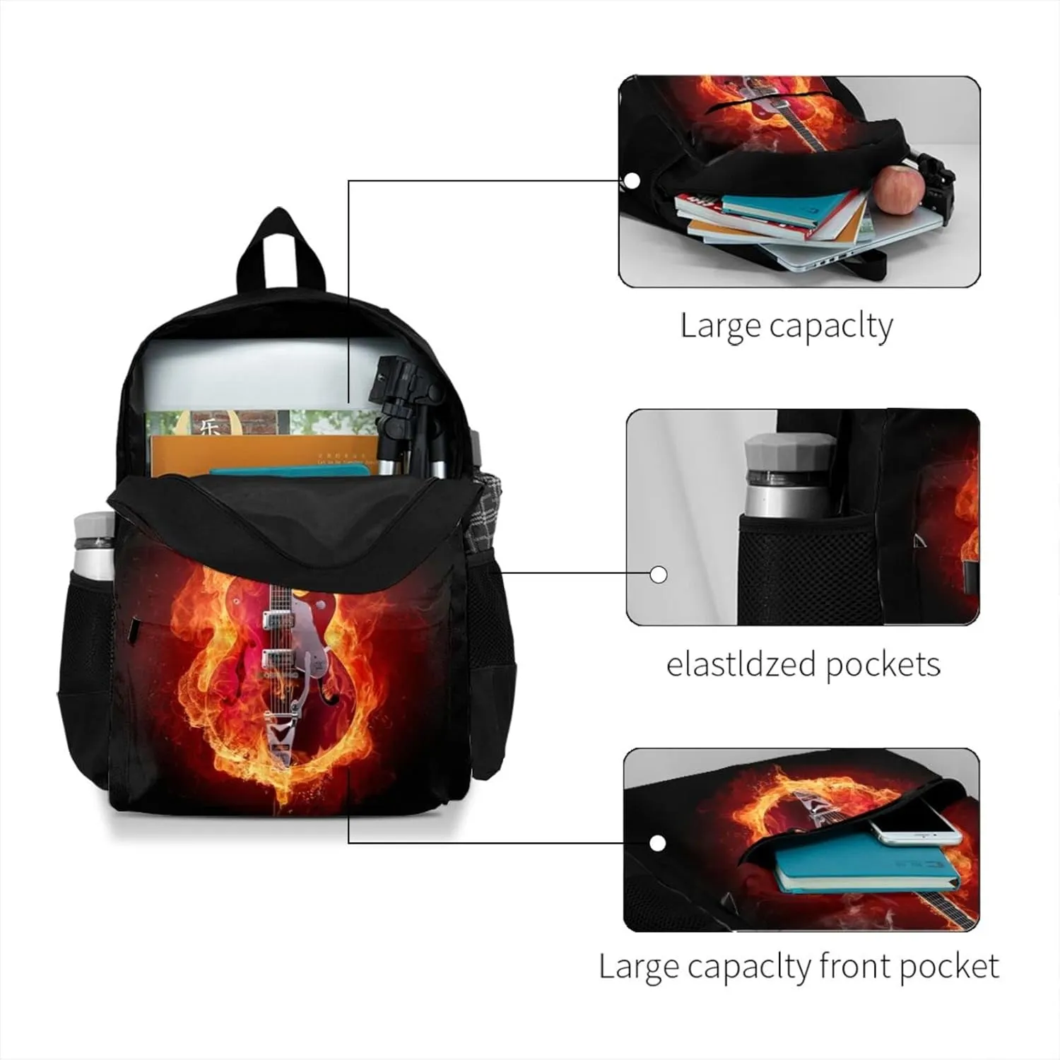 Delerain Fire Guitar Kids Backpack School Book Bag Travel Daypack Shoulder Bag 17 Inch Plus Lightweight Laptop Bag For 1-6th Grade Boys Girls Back To School