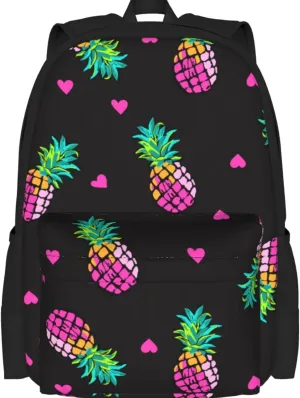 Delerain Pink Hearts Pineapples Kids Backpack School Book Bag Travel Daypack Shoulder Bag 16 Inch Plus Lightweight Laptop Bag for 1-6th Grade Boys Girls Back to School