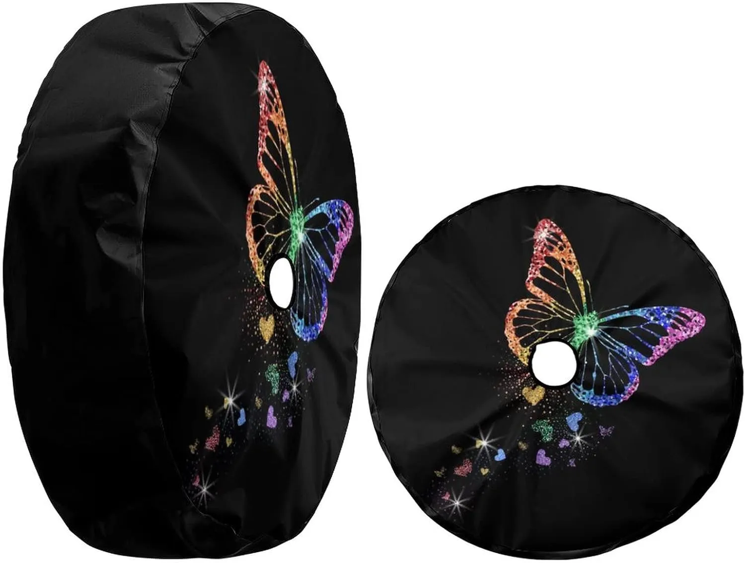 Delerain Spare Tire Cover with Backup Camera Hole Rainbow Butterfly with Hearts Wheel Covers Waterproof Dust-Proof UV Sun Universal Fit for Trailer RV SUV Truck (18 Inch for Diameter 32"-34")