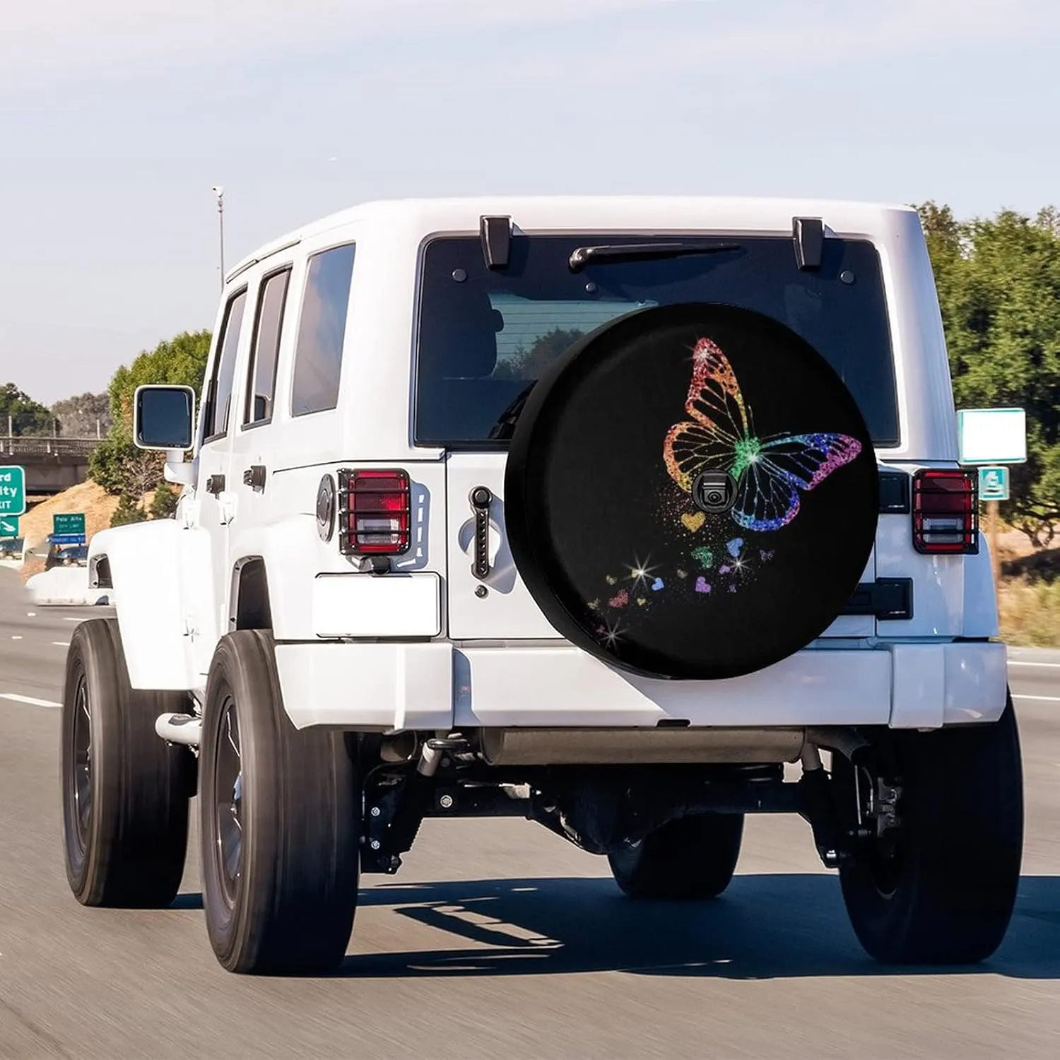 Delerain Spare Tire Cover with Backup Camera Hole Rainbow Butterfly with Hearts Wheel Covers Waterproof Dust-Proof UV Sun Universal Fit for Trailer RV SUV Truck (18 Inch for Diameter 32"-34")