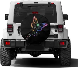 Delerain Spare Tire Cover with Backup Camera Hole Rainbow Butterfly with Hearts Wheel Covers Waterproof Dust-Proof UV Sun Universal Fit for Trailer RV SUV Truck (18 Inch for Diameter 32"-34")