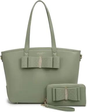 Designer Ribbon Romance Tote Handbag with Rhinestones Bling Top Handle Satchel and Wallet Set for Women with Shoulder Strap