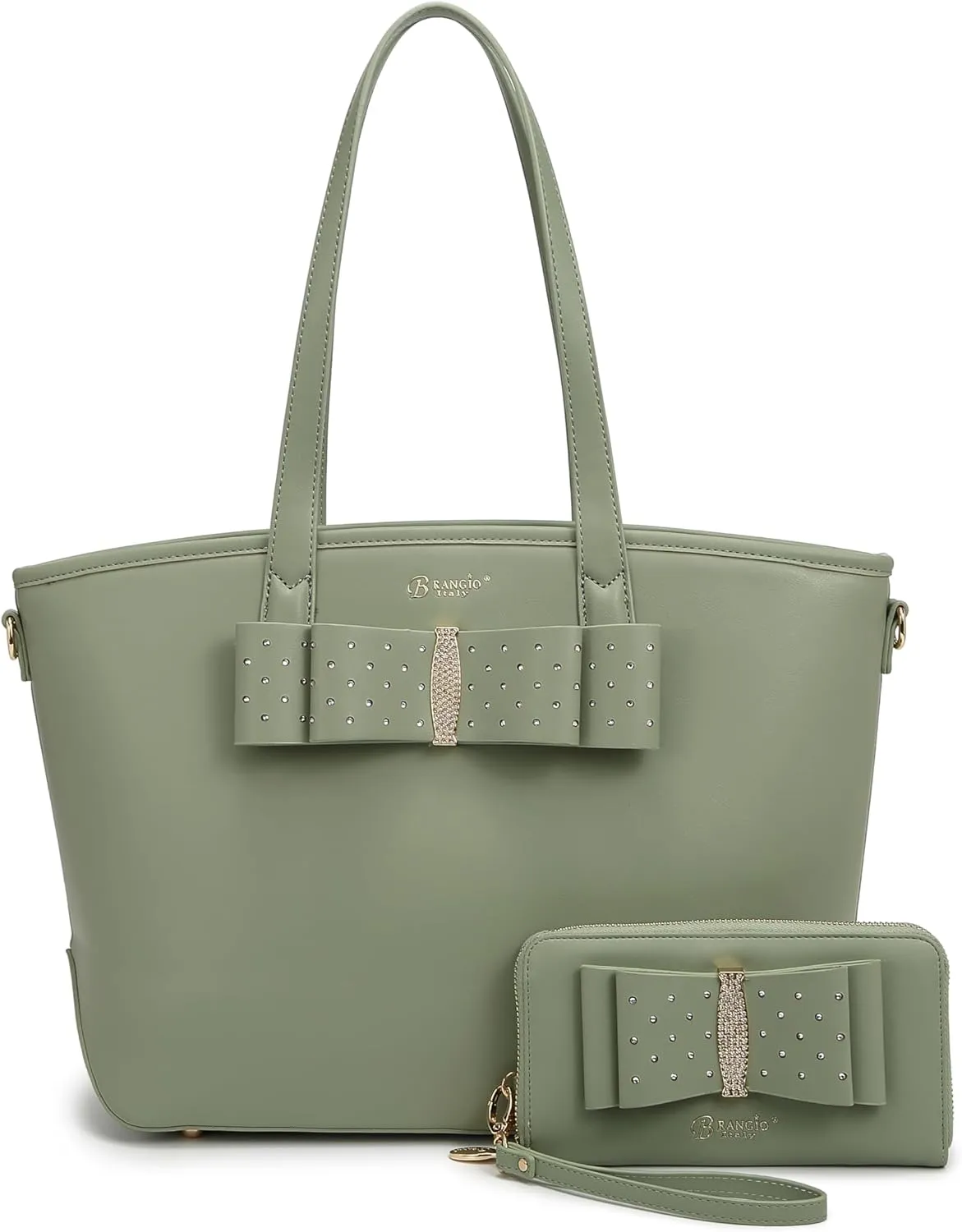 Designer Ribbon Romance Tote Handbag with Rhinestones Bling Top Handle Satchel and Wallet Set for Women with Shoulder Strap