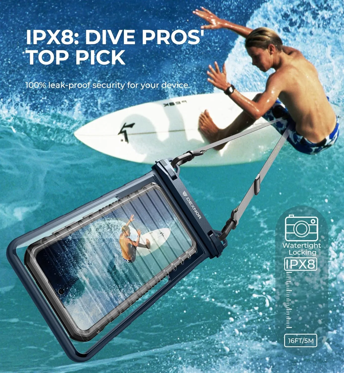 Dexnor IP68 Waterproof Phone Pouch, Universal 3D Cellphone Dry Bag Case with Adjustable Double-Hook Lanyard for iPhone 15 14 13 12 Pro Max XS Plus Samsung Galaxy S24 S23 Phone Up to 7.0"(Navy Blue)