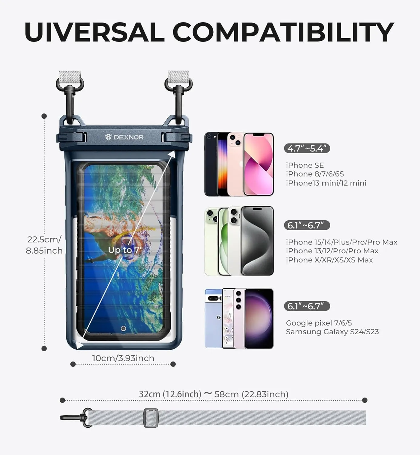Dexnor IP68 Waterproof Phone Pouch, Universal 3D Cellphone Dry Bag Case with Adjustable Double-Hook Lanyard for iPhone 15 14 13 12 Pro Max XS Plus Samsung Galaxy S24 S23 Phone Up to 7.0"(Navy Blue)