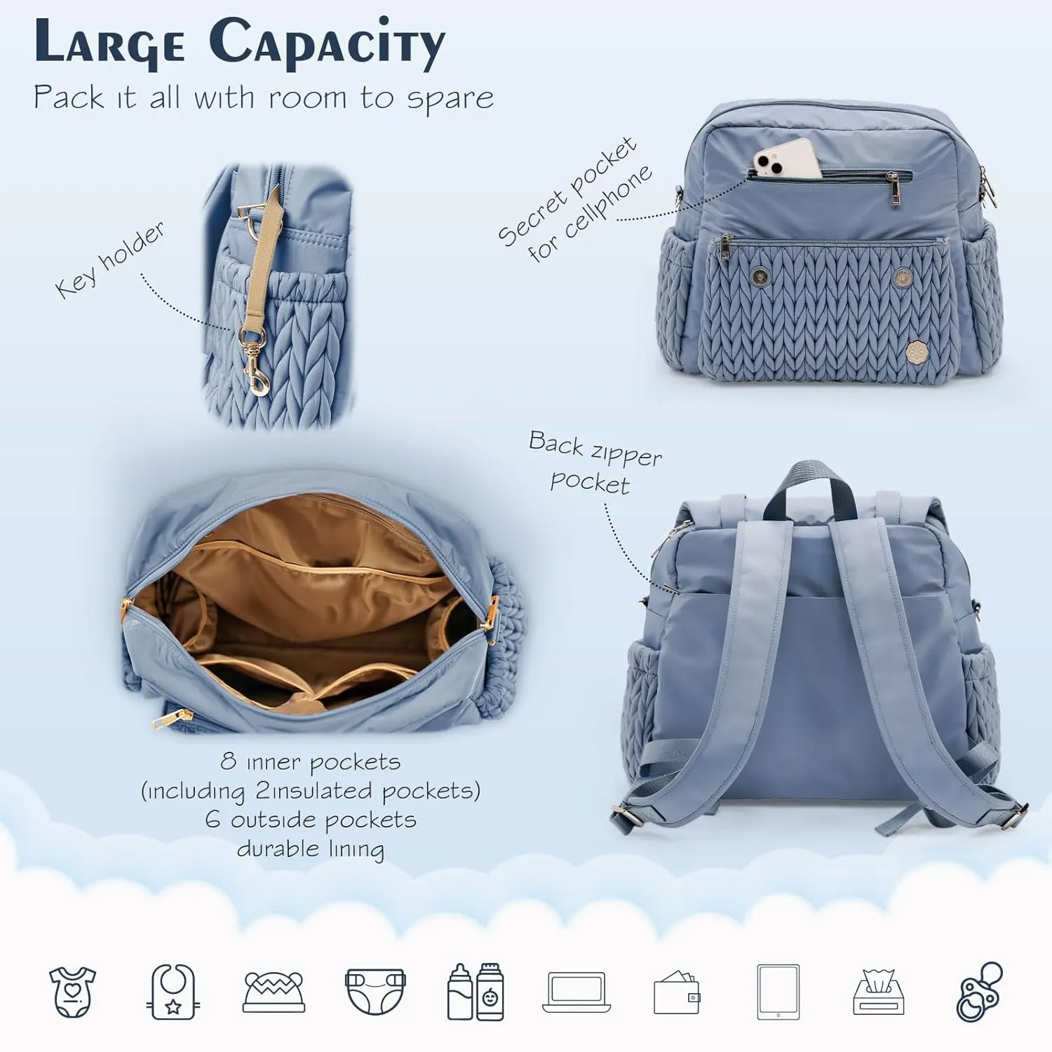 Diaper Bag BackPack Large Capacity Travel Mommy Bag Waterproof and Stylish with Changing Pad Baby Bag for Women and Girls