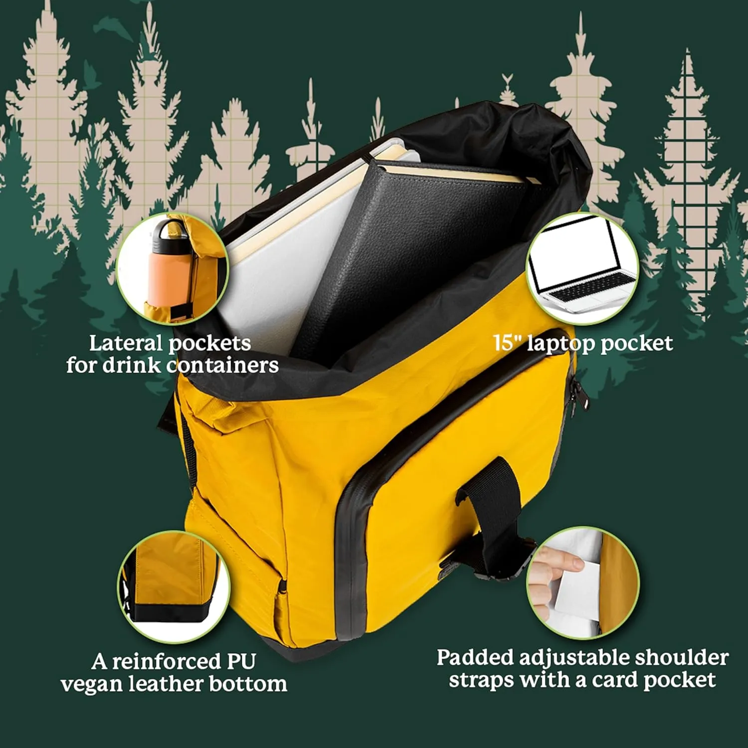 Dingbats 25L Backpack, Made of Recycled PET Bottles, Padded Straps, 15" Laptop Backpack, Vegan Leather Bottom, Desert Mustard