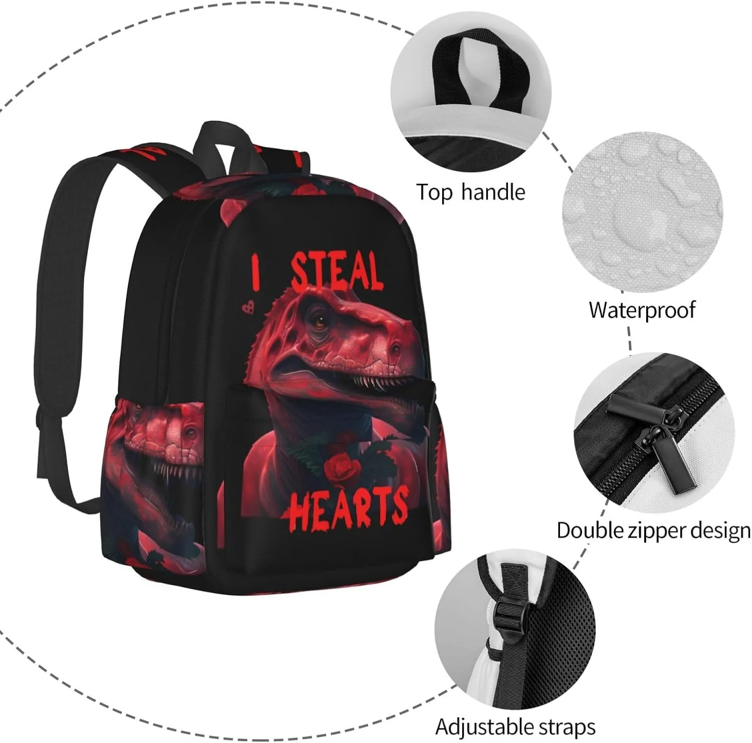 Dinosaur I Steal Hearts Love T Rex Laptop Backpack Shoulder Bag Laptop Pack Travel Backpacks Commuter Back Pack Casual Daypack Bags With Side Pockets