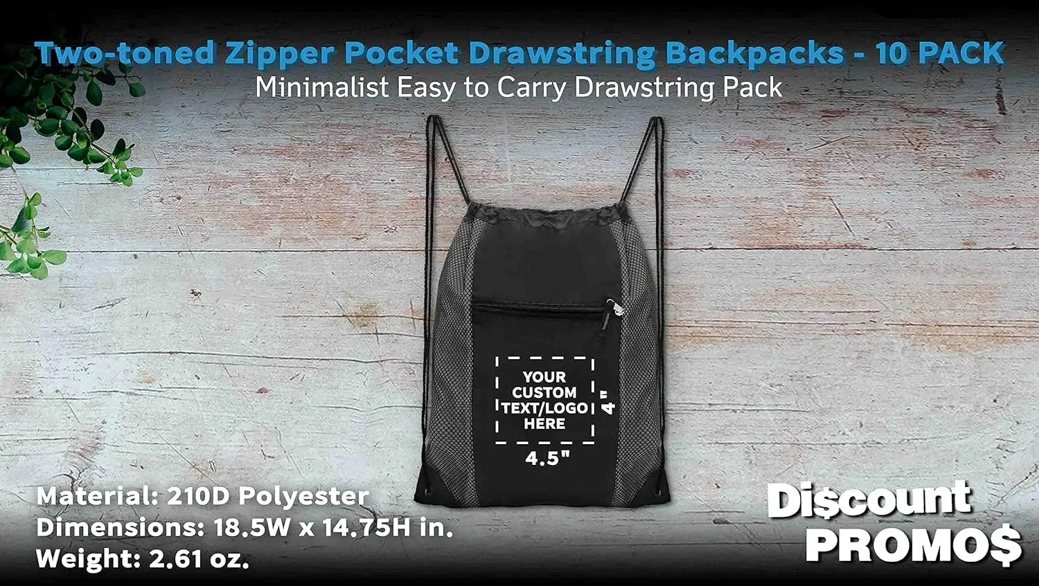 DISCOUNT PROMOS 100 Zipper Pocket Drawstring Backpacks Set - Customizable Text, Logo - Polyester, Front Mesh, Black Strap - Grey