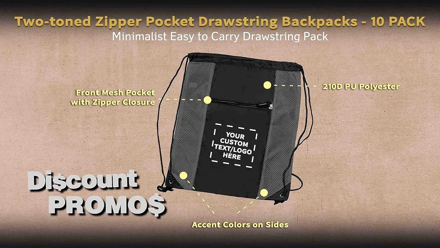 DISCOUNT PROMOS 100 Zipper Pocket Drawstring Backpacks Set - Customizable Text, Logo - Polyester, Front Mesh, Black Strap - Grey