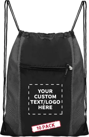 DISCOUNT PROMOS 100 Zipper Pocket Drawstring Backpacks Set - Customizable Text, Logo - Polyester, Front Mesh, Black Strap - Grey
