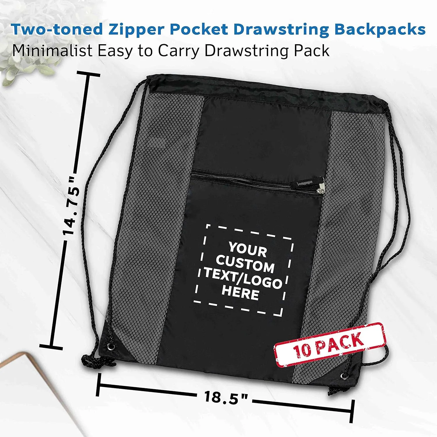 DISCOUNT PROMOS 100 Zipper Pocket Drawstring Backpacks Set - Customizable Text, Logo - Polyester, Front Mesh, Black Strap - Grey