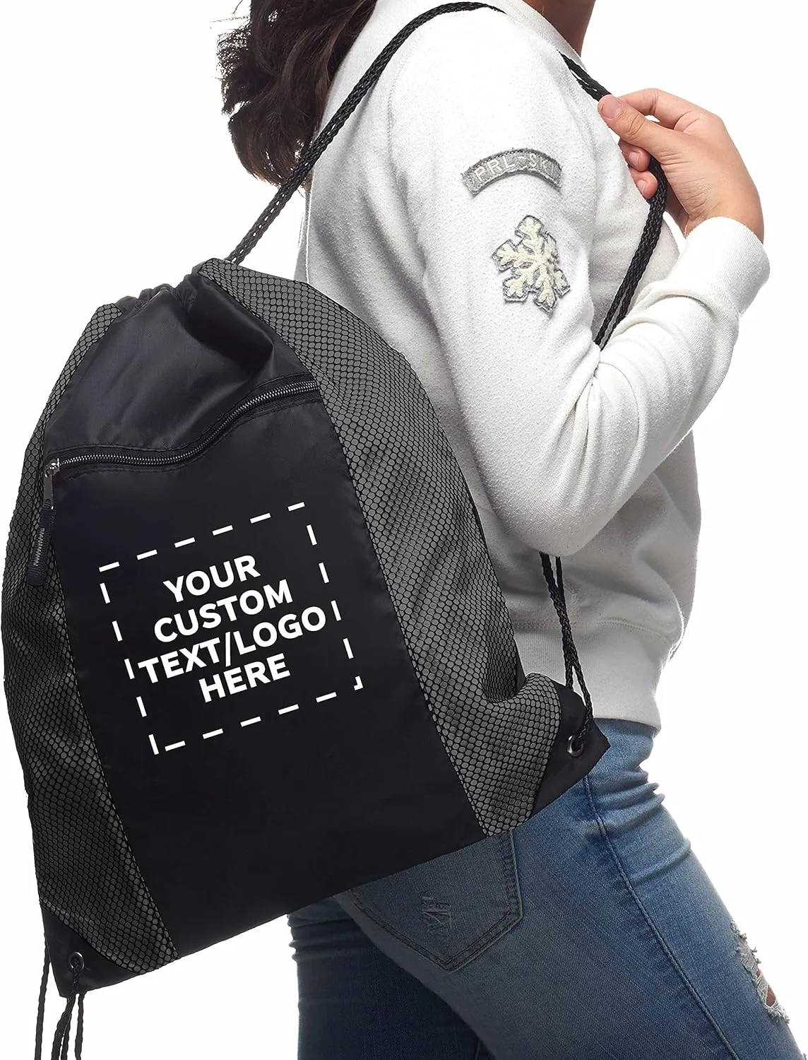DISCOUNT PROMOS 100 Zipper Pocket Drawstring Backpacks Set - Customizable Text, Logo - Polyester, Front Mesh, Black Strap - Grey