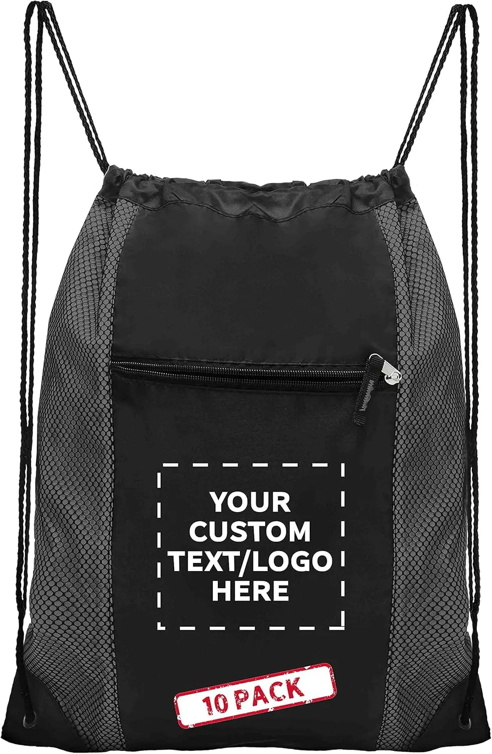 DISCOUNT PROMOS 100 Zipper Pocket Drawstring Backpacks Set - Customizable Text, Logo - Polyester, Front Mesh, Black Strap - Grey