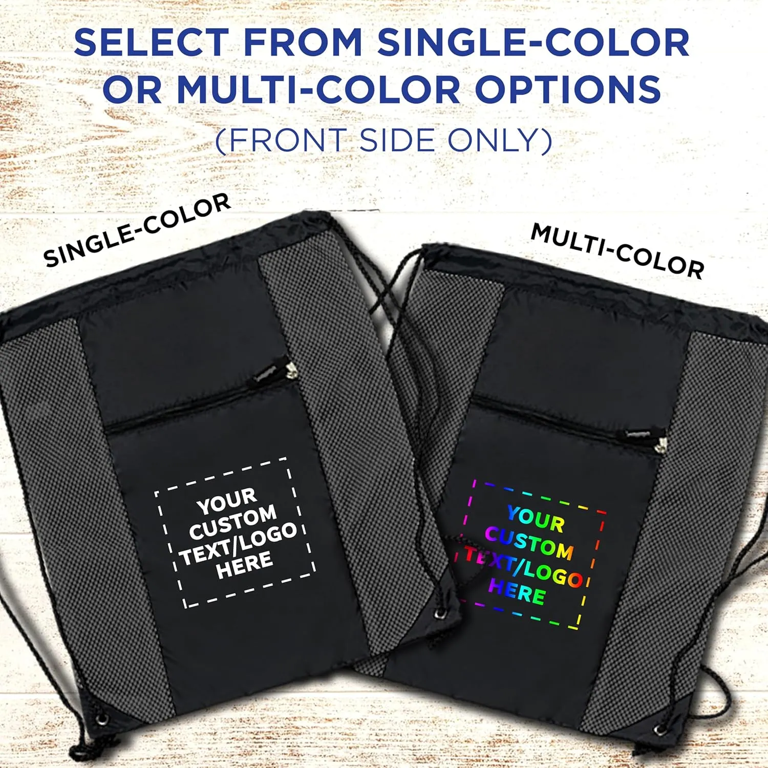 DISCOUNT PROMOS 100 Zipper Pocket Drawstring Backpacks Set - Customizable Text, Logo - Polyester, Front Mesh, Black Strap - Grey