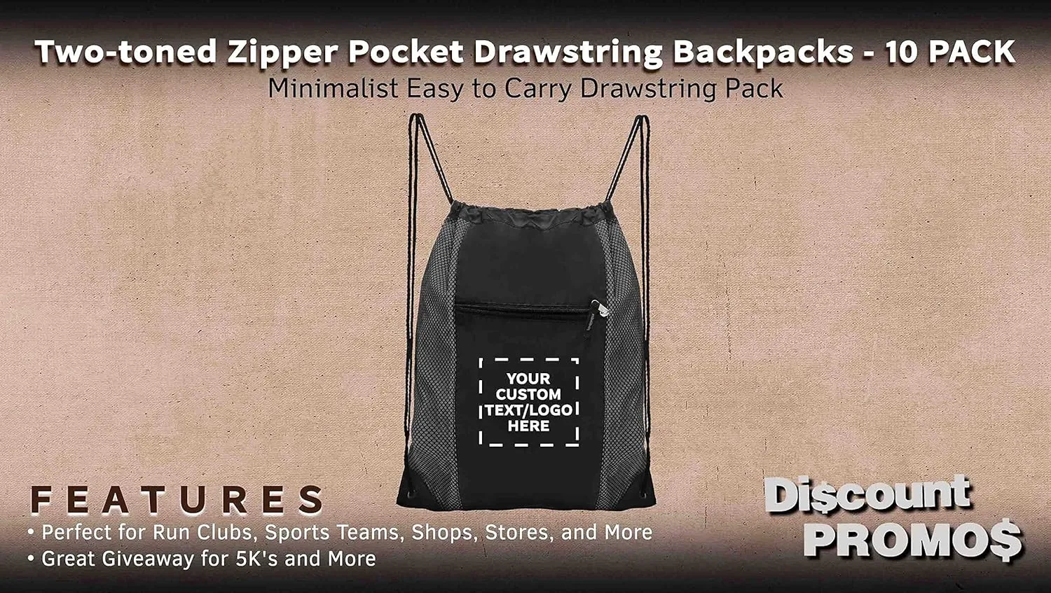 DISCOUNT PROMOS 100 Zipper Pocket Drawstring Backpacks Set - Customizable Text, Logo - Polyester, Front Mesh, Black Strap - Grey