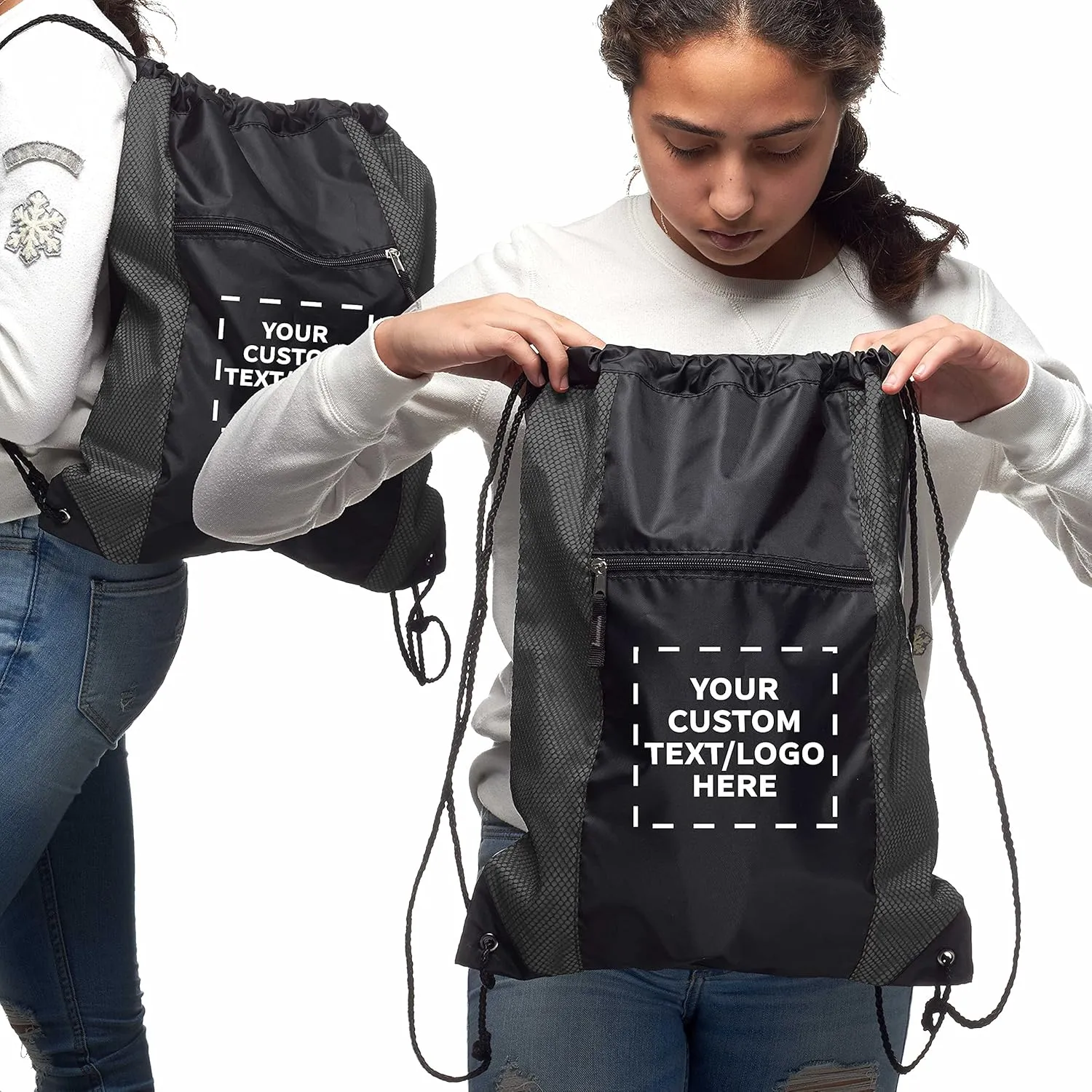 DISCOUNT PROMOS 100 Zipper Pocket Drawstring Backpacks Set - Customizable Text, Logo - Polyester, Front Mesh, Black Strap - Grey