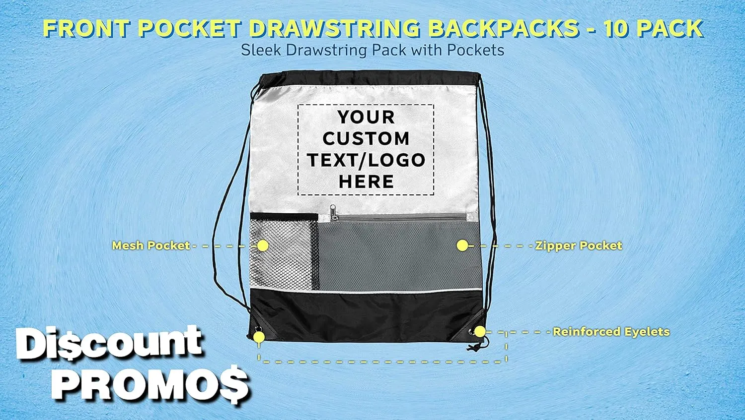 DISCOUNT PROMOS Custom Front Pocket Drawstring Backpacks Set of 10, Personalized Bulk Pack - Reusable Bags, Lightweight Backpacks, Sports Drawstring Bags, Promotional Drawstring Bags - White