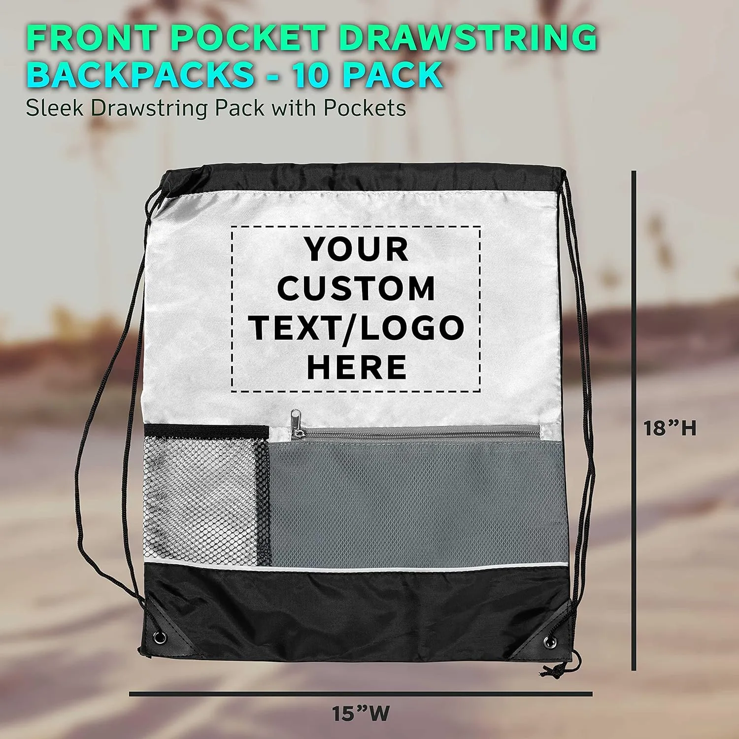 DISCOUNT PROMOS Custom Front Pocket Drawstring Backpacks Set of 10, Personalized Bulk Pack - Reusable Bags, Lightweight Backpacks, Sports Drawstring Bags, Promotional Drawstring Bags - White