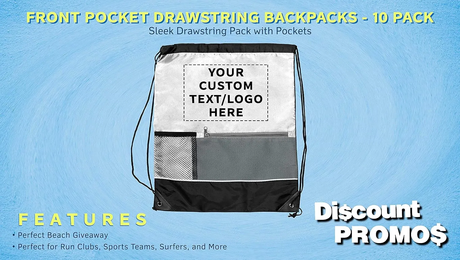 DISCOUNT PROMOS Custom Front Pocket Drawstring Backpacks Set of 10, Personalized Bulk Pack - Reusable Bags, Lightweight Backpacks, Sports Drawstring Bags, Promotional Drawstring Bags - White