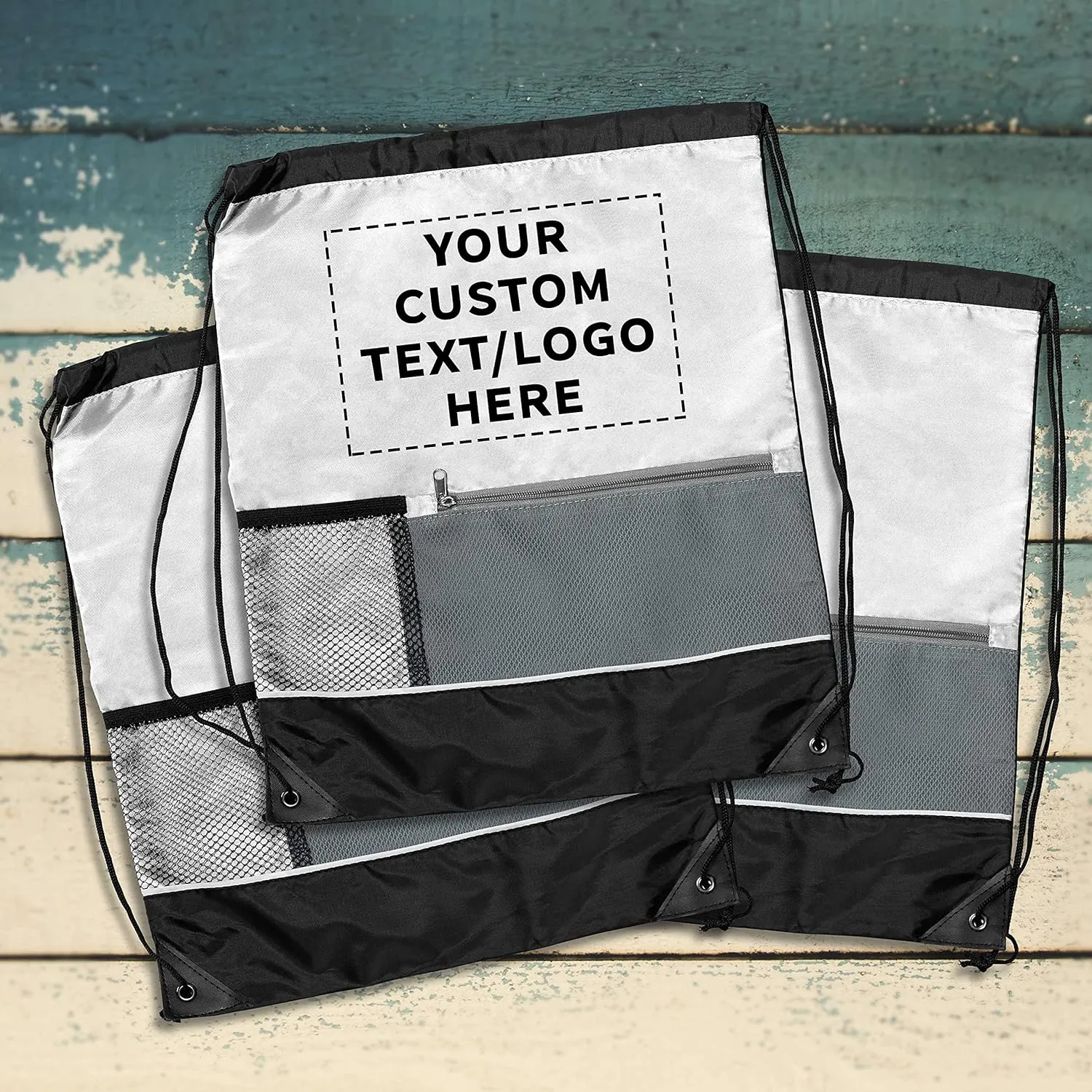 DISCOUNT PROMOS Custom Front Pocket Drawstring Backpacks Set of 10, Personalized Bulk Pack - Reusable Bags, Lightweight Backpacks, Sports Drawstring Bags, Promotional Drawstring Bags - White