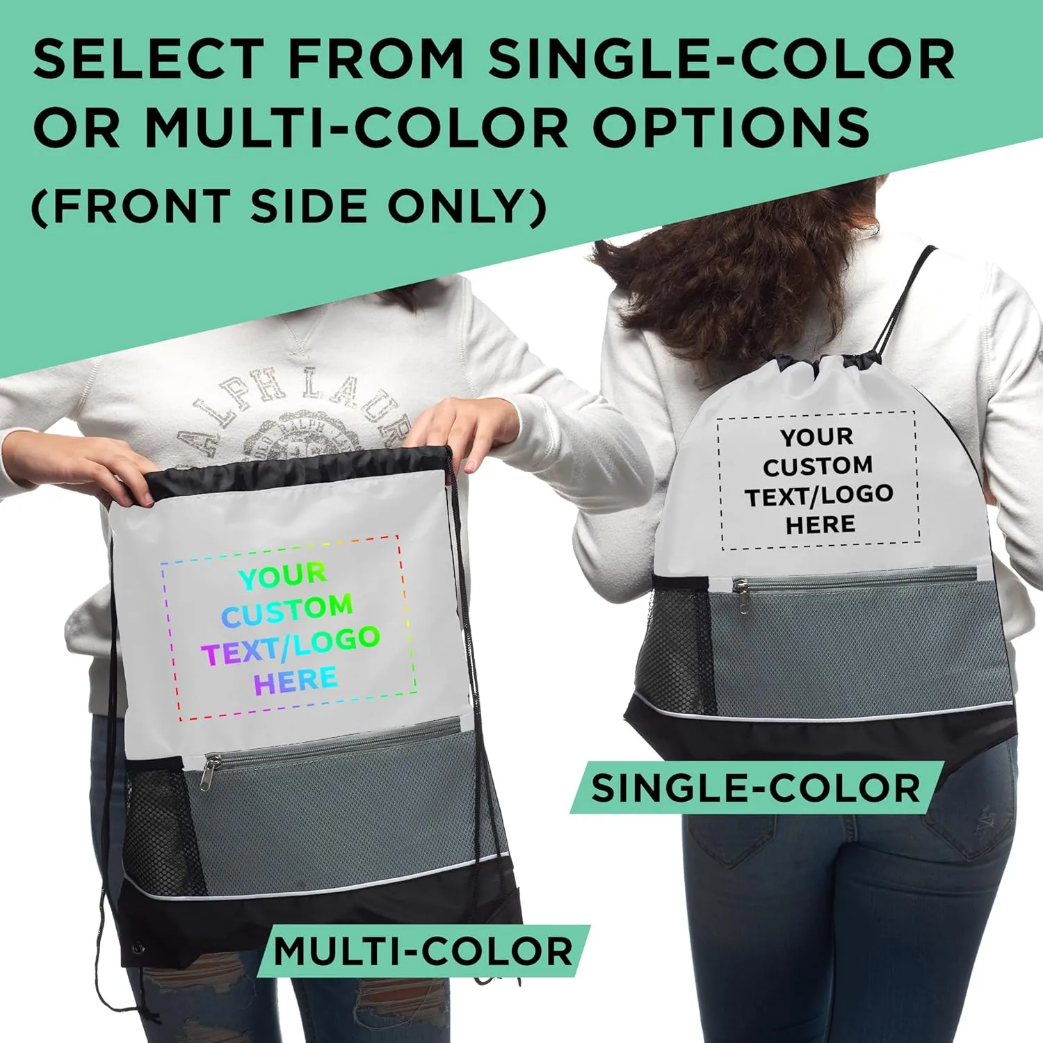 DISCOUNT PROMOS Custom Front Pocket Drawstring Backpacks Set of 10, Personalized Bulk Pack - Reusable Bags, Lightweight Backpacks, Sports Drawstring Bags, Promotional Drawstring Bags - White
