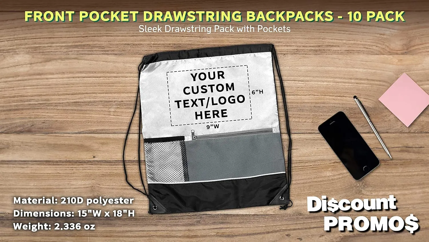 DISCOUNT PROMOS Custom Front Pocket Drawstring Backpacks Set of 10, Personalized Bulk Pack - Reusable Bags, Lightweight Backpacks, Sports Drawstring Bags, Promotional Drawstring Bags - White