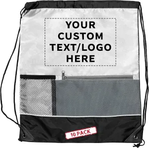 DISCOUNT PROMOS Custom Front Pocket Drawstring Backpacks Set of 10, Personalized Bulk Pack - Reusable Bags, Lightweight Backpacks, Sports Drawstring Bags, Promotional Drawstring Bags - White