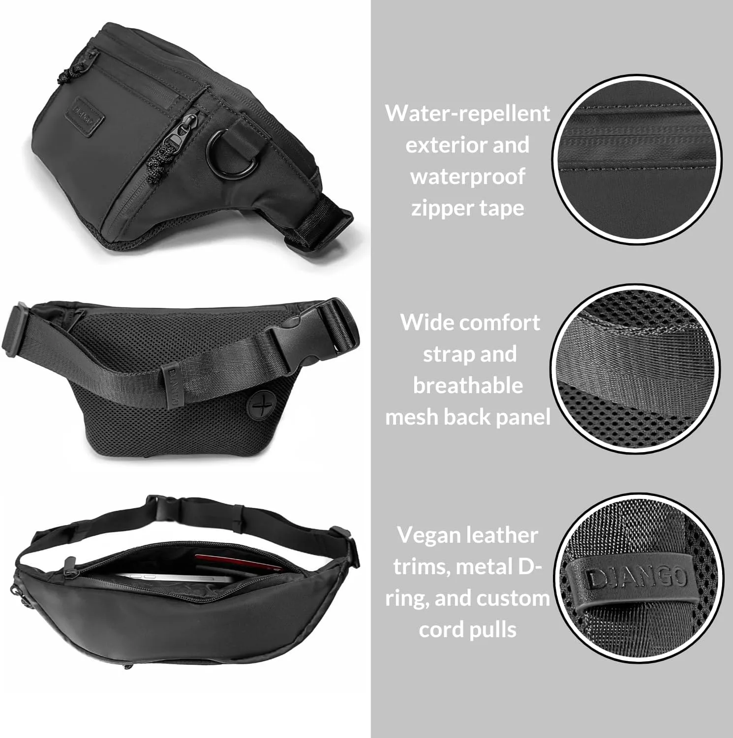 DJANGO Nolita Belt Bag - Modern Crossbody Bag for Women - Dog Walking Crossbody Fanny Pack for Women and Dog Parents with Multiple Compartments - Crossbody Travel Bag with Adjustable Strap (Black)