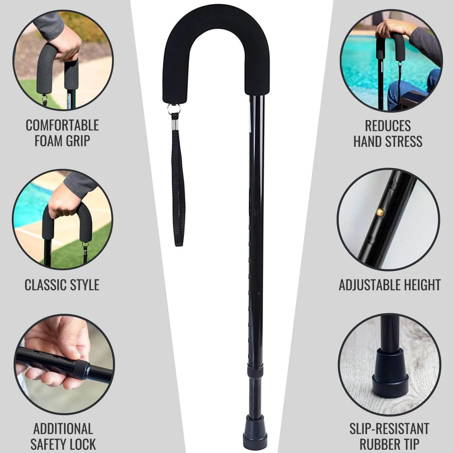 DMI Deluxe Adjustable Cane with Comfort Grip Handle and Strap, Black