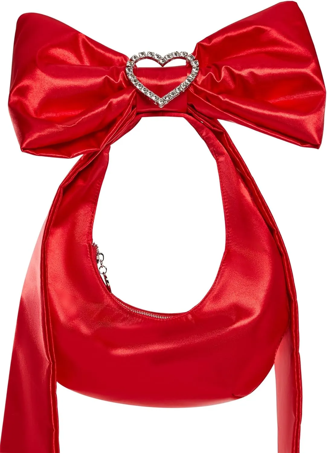 Dolls Kill Lady Royal Shoulder Bag by Sugar Thrillz – Satin Purse with Rhinestone Ribbon Handle & Heart Accent, One Size