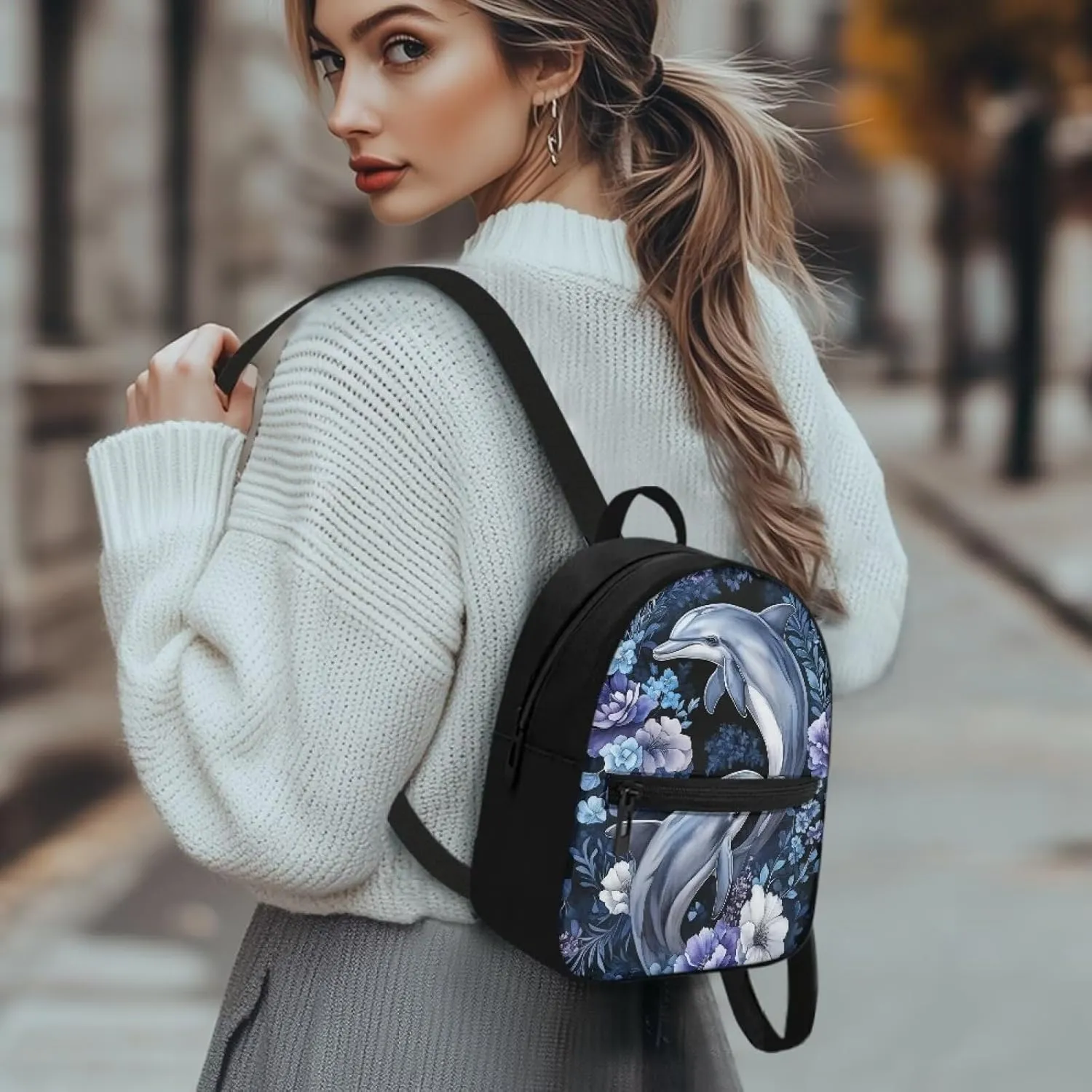 Dolphins Flowers Backpack Purse for Women Teen Girls Small Backpack Travel Casual Shoulder Bag Lightweight Daypack Hiking Rucksack Mini Purses Wallet for Work