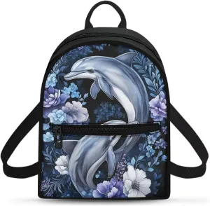 Dolphins Flowers Backpack Purse for Women Teen Girls Small Backpack Travel Casual Shoulder Bag Lightweight Daypack Hiking Rucksack Mini Purses Wallet for Work