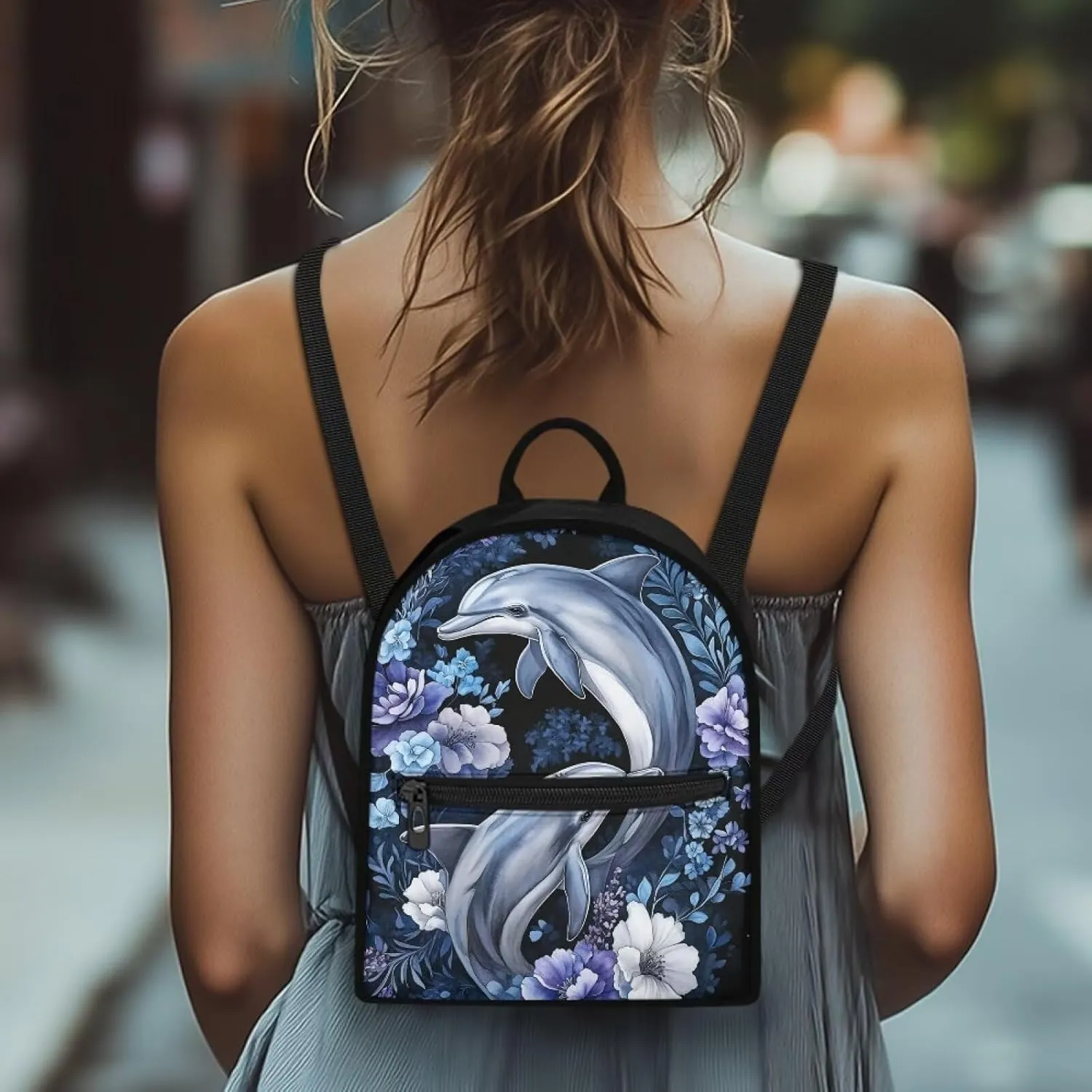 Dolphins Flowers Backpack Purse for Women Teen Girls Small Backpack Travel Casual Shoulder Bag Lightweight Daypack Hiking Rucksack Mini Purses Wallet for Work
