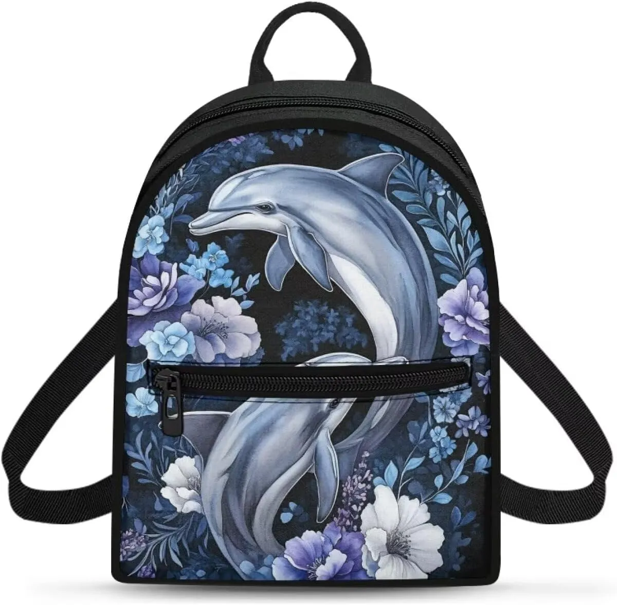Dolphins Flowers Backpack Purse for Women Teen Girls Small Backpack Travel Casual Shoulder Bag Lightweight Daypack Hiking Rucksack Mini Purses Wallet for Work