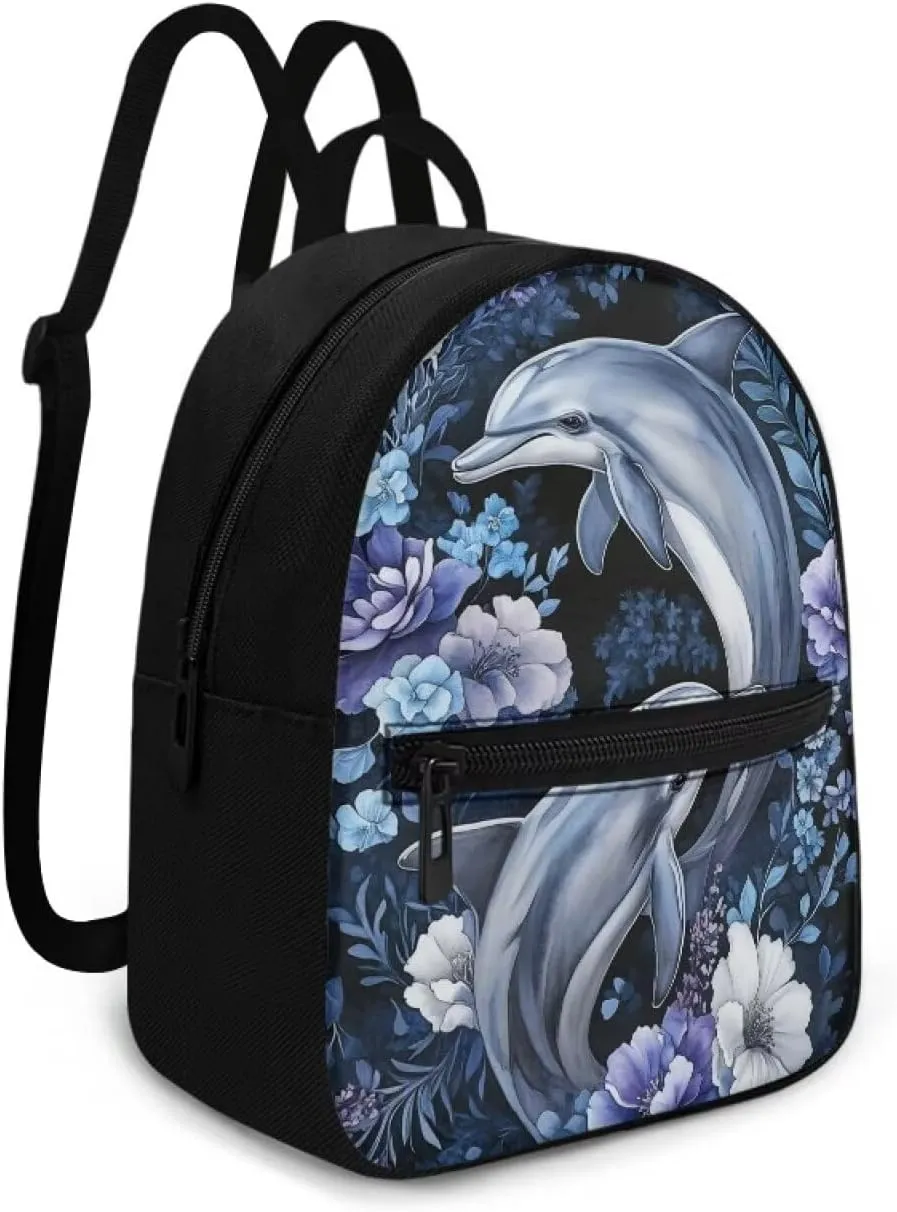 Dolphins Flowers Backpack Purse for Women Teen Girls Small Backpack Travel Casual Shoulder Bag Lightweight Daypack Hiking Rucksack Mini Purses Wallet for Work