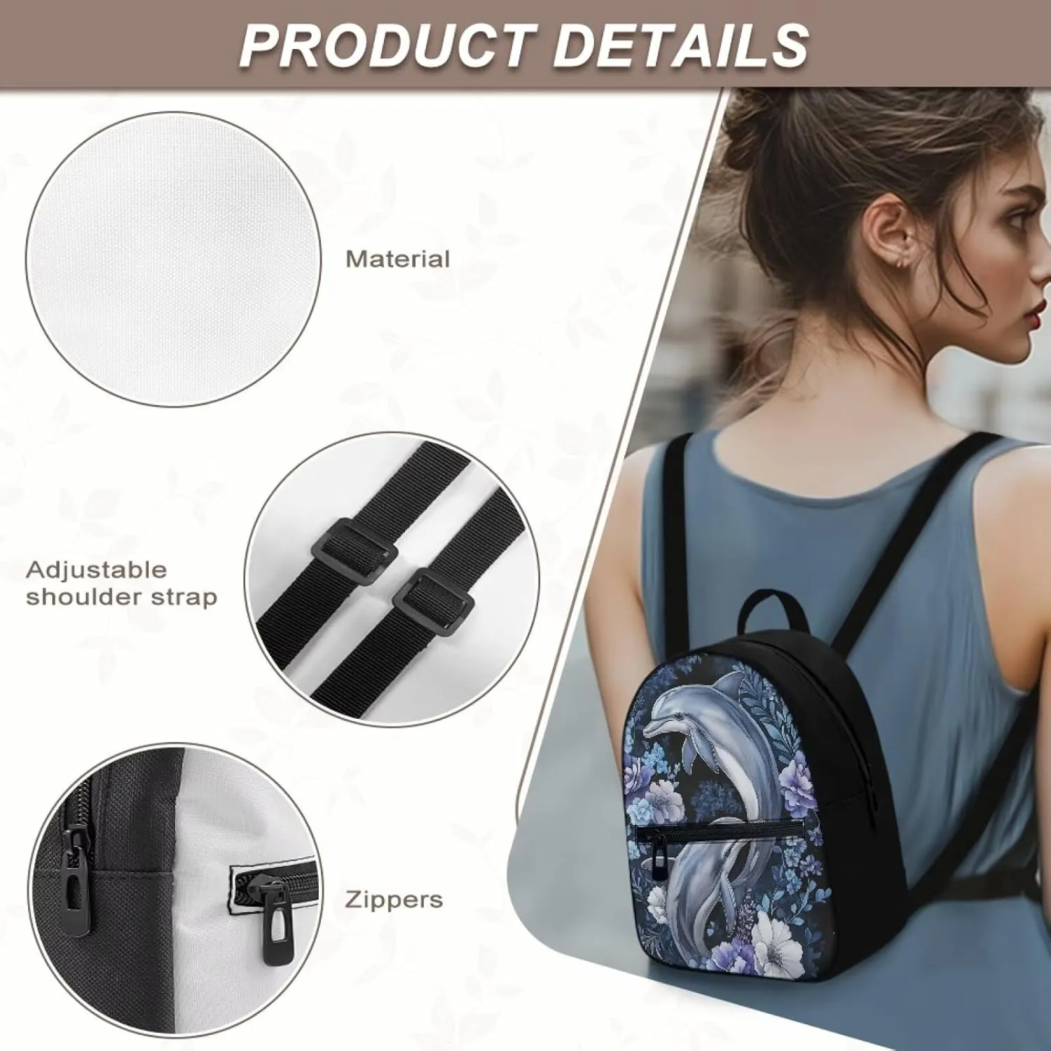 Dolphins Flowers Backpack Purse for Women Teen Girls Small Backpack Travel Casual Shoulder Bag Lightweight Daypack Hiking Rucksack Mini Purses Wallet for Work