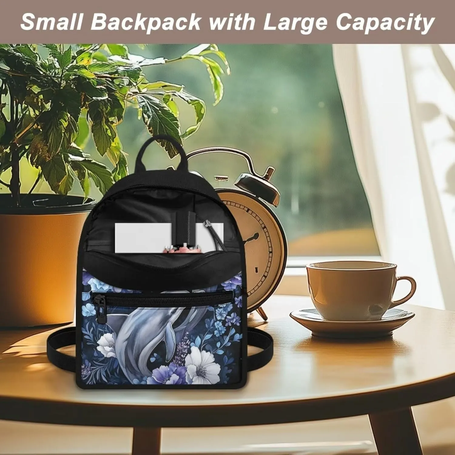 Dolphins Flowers Backpack Purse for Women Teen Girls Small Backpack Travel Casual Shoulder Bag Lightweight Daypack Hiking Rucksack Mini Purses Wallet for Work