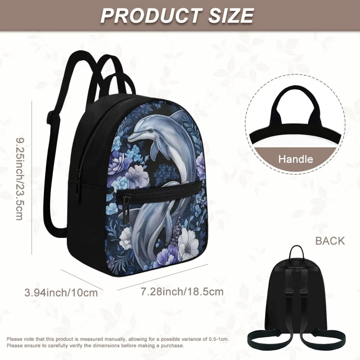 Dolphins Flowers Backpack Purse for Women Teen Girls Small Backpack Travel Casual Shoulder Bag Lightweight Daypack Hiking Rucksack Mini Purses Wallet for Work