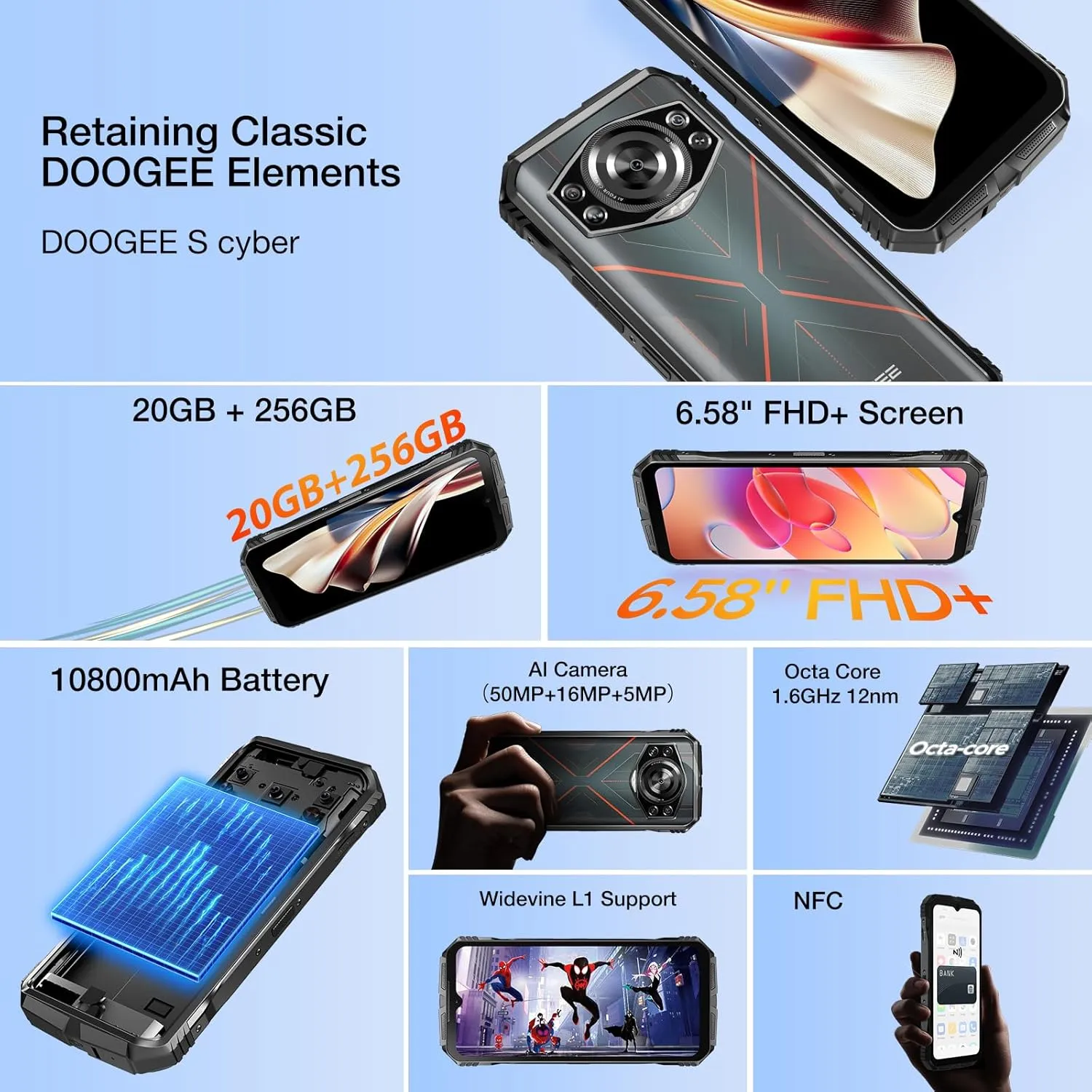 DOOGEE S Cyber Rugged Smartphone Android 14, 10800mAh Battery Rugged Phone, 20GB RAM   256 ROM Outdoor Waterproof Unlocked Phone, 6.58" FHD IPS Waterdrop Screen, 50MP AI Camera/Dual SIM/OTG/GPS,Red