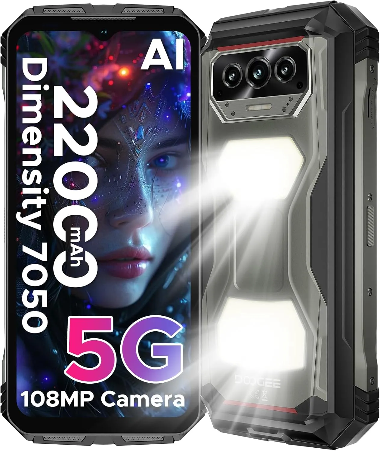 DOOGEE V Max S (2025) 5G Unlocked Rugged Phone,Dual Camping Lights,22000mAh Battery,Android 14,24GB 256GB/TF 2TB Rugged Smartphone,108MP 16MP,6.58”FHD 120Hz IPS Screen,Dual Unlock/NFC/WiFi6(Tarnish)