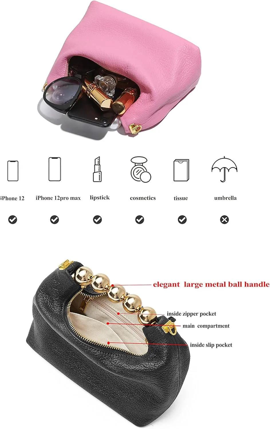DORIS&JACKY Small Top Handle Clutch Bag Women Designer Goatskin Crossbody Purse With Pearl Handle And Detachable Metal Chain
