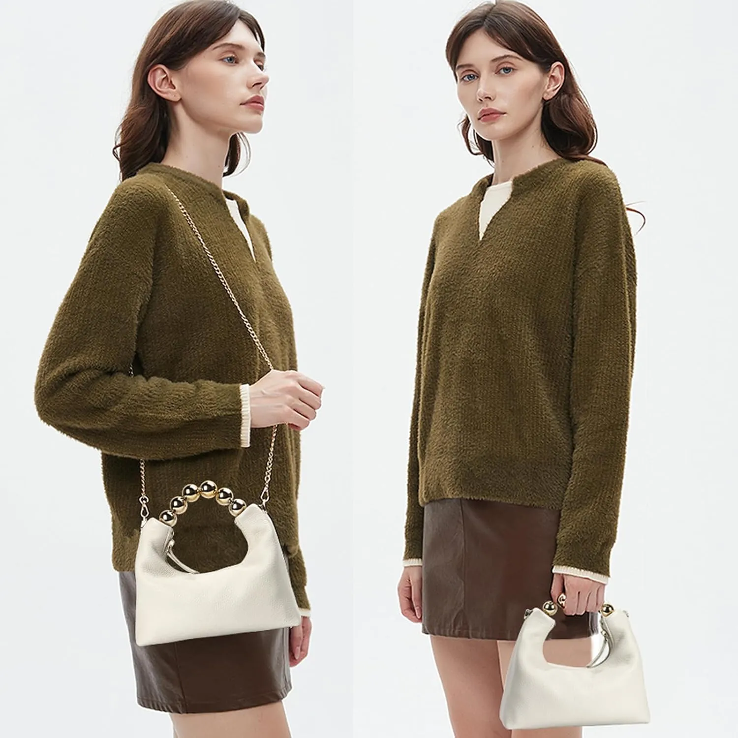 DORIS&JACKY Small Top Handle Clutch Bag Women Designer Goatskin Crossbody Purse With Pearl Handle And Detachable Metal Chain