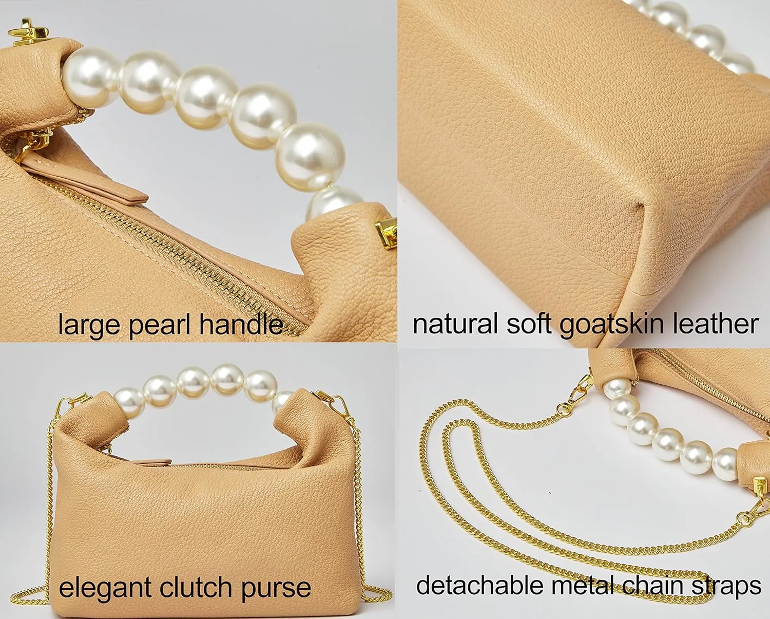 DORIS&JACKY Small Top Handle Clutch Bag Women Designer Goatskin Crossbody Purse With Pearl Handle And Detachable Metal Chain