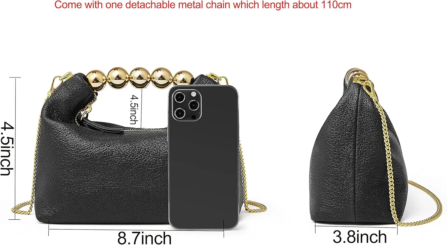 DORIS&JACKY Small Top Handle Clutch Bag Women Designer Goatskin Crossbody Purse With Pearl Handle And Detachable Metal Chain