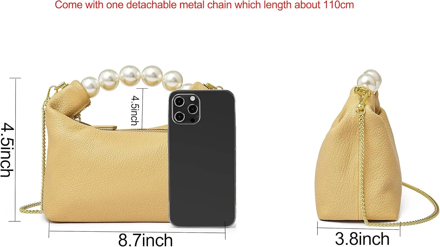 DORIS&JACKY Small Top Handle Clutch Bag Women Designer Goatskin Crossbody Purse With Pearl Handle And Detachable Metal Chain