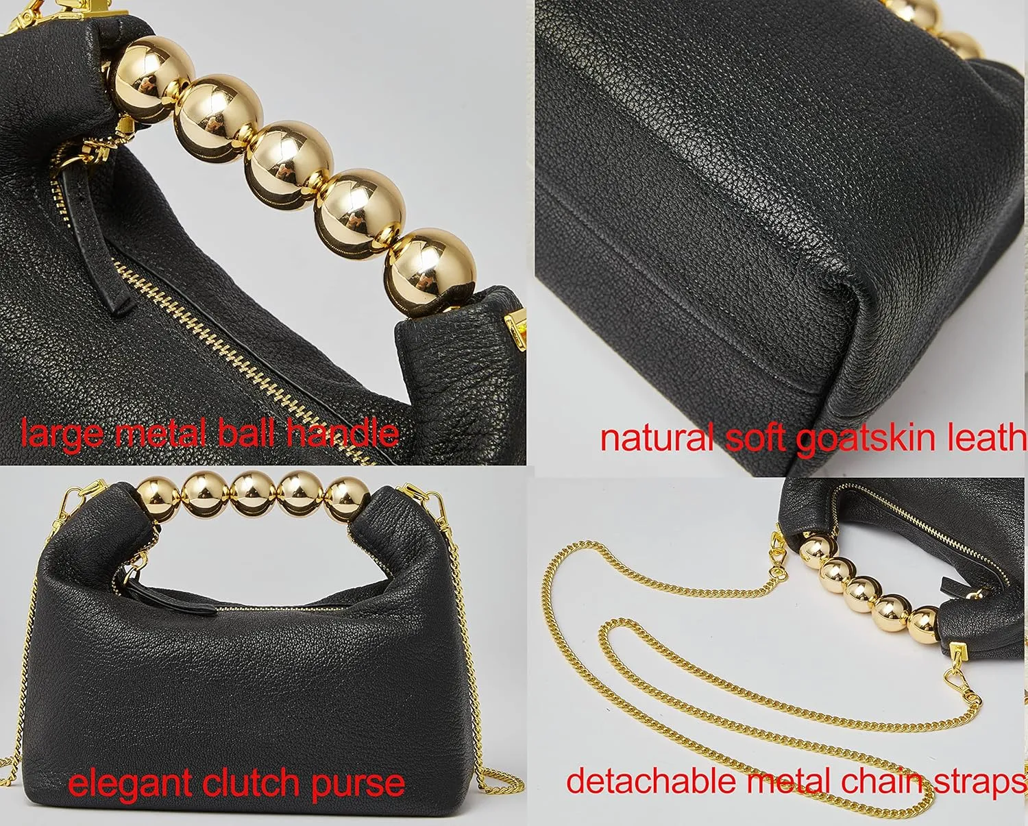 DORIS&JACKY Small Top Handle Clutch Bag Women Designer Goatskin Crossbody Purse With Pearl Handle And Detachable Metal Chain