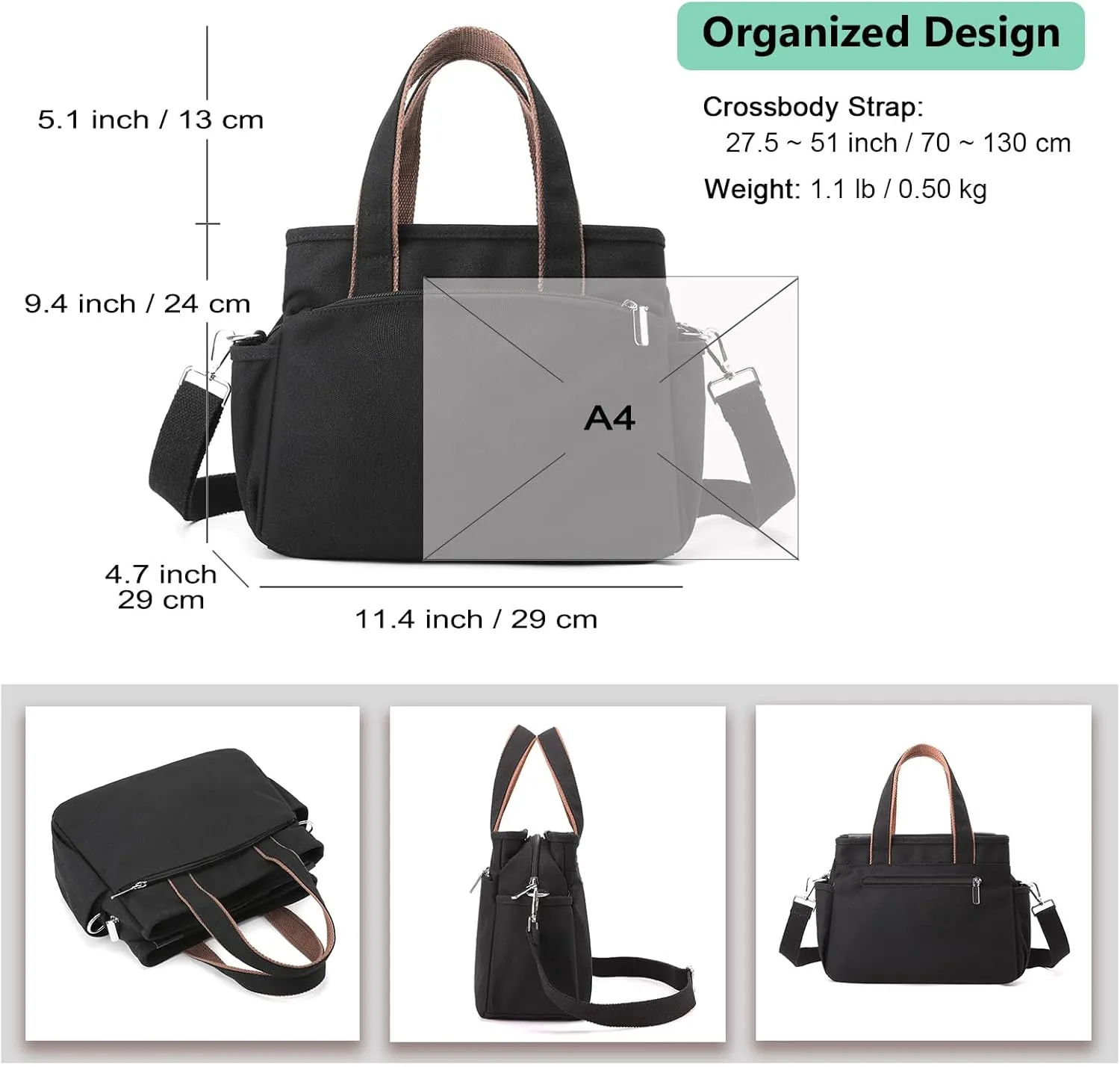 DOURR Canvas Crossbody Handbags for Women with 3 Zipper Compartments Durable Daily Satchel