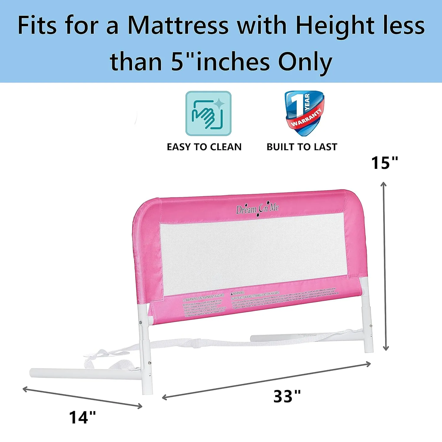 Dream On Me Lightweight Mesh Security Adjustable Bed Rail Double Pack with Breathable Mesh Fabric in Pink, 2 Count (Pack of 1)