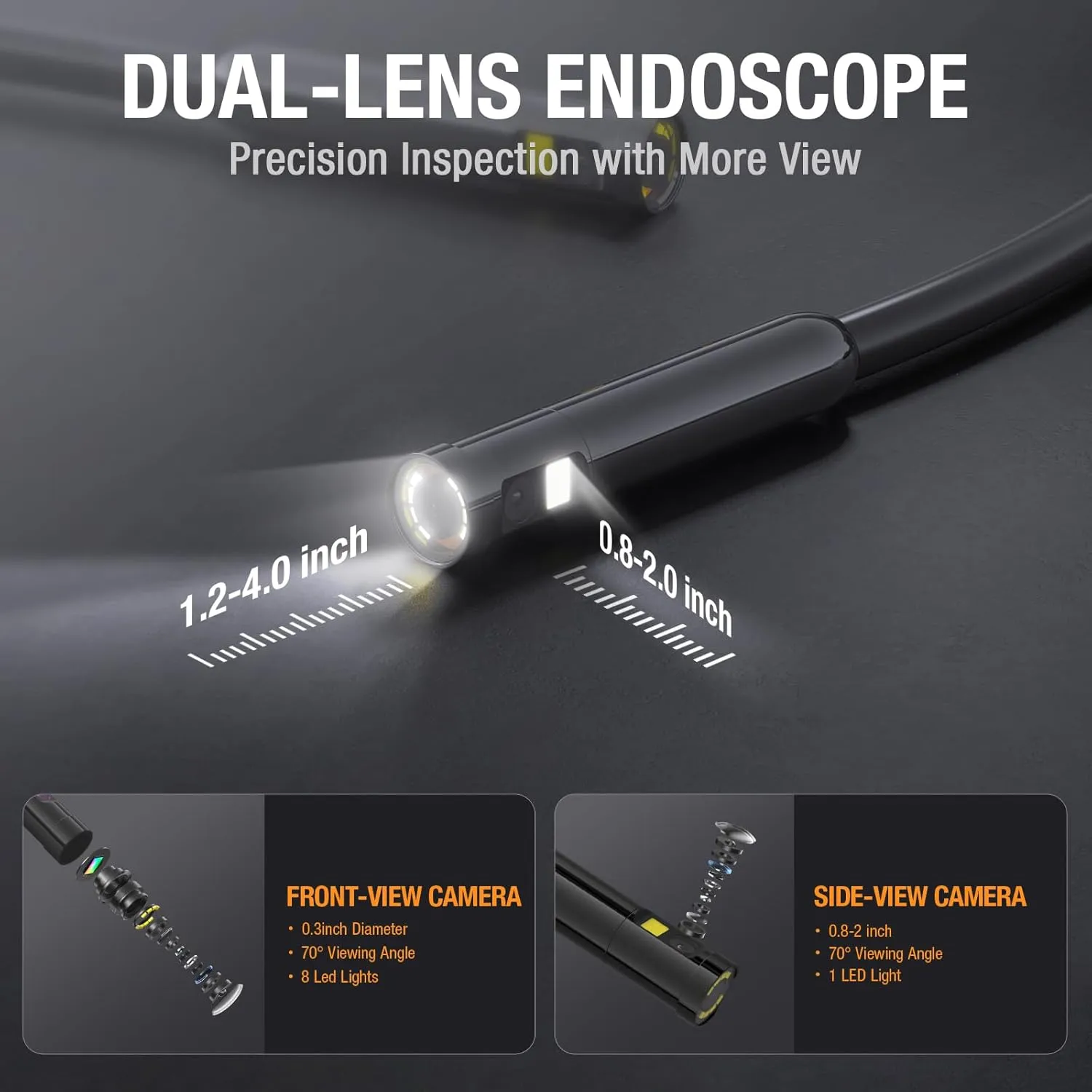 Dual Lens Endoscope with Light, Teslong USB-C Borescope Inspection Camera with 8 1 LED Lights, Flexible Waterproof Fiber Optic Snake Camera Scope Compatible with iPhone 15, Android Phone(10FT)